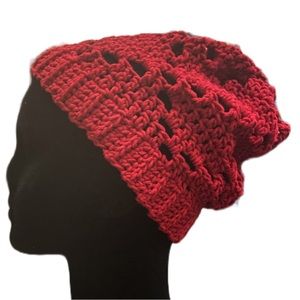 Burgundy Red Diamond Lace Handmade Crochet Knit Beanie Winter Hat